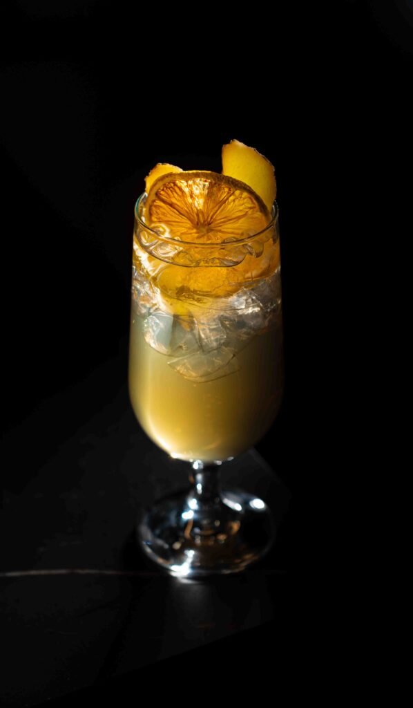 A cocktail in a stemmed glass filled with ice, topped with a dried orange wheel and a twist of citrus peel, set against a dark background—perfect inspiration for any content creator or social media enthusiast.